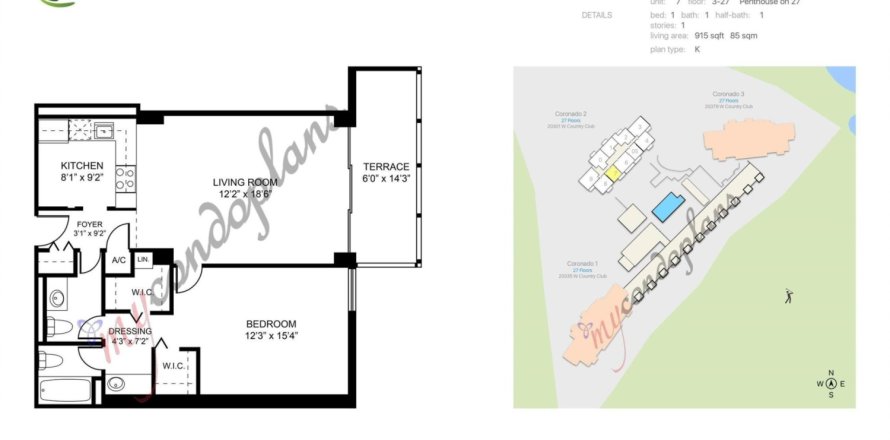 Condominio en Aventura, Florida, 1 dormitorio  № 1011641