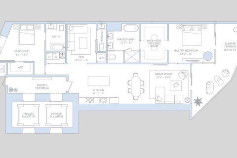 Планировка Квартиры «2BR-3» 2 спальни в ЖК Baccarat Brickell