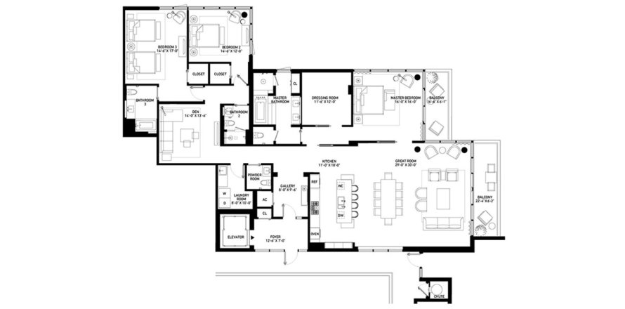 Планировка квартиры «277SQM 2B» 3 спальни в ЖК 3550 SOUTH OCEAN