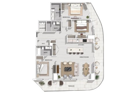 Планировка Пентхауса «3BR-1» 3 спальни в ЖК Lofty Brickell