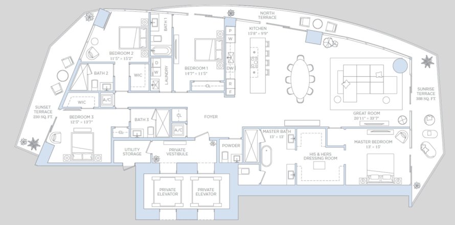 Apartment floor plan «4BR-1», 4 bedrooms in Baccarat Brickell