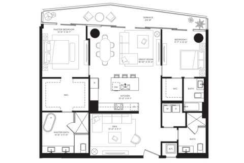 Планировка Квартиры «2BR-2» 2 спальни в ЖК Baccarat Brickell